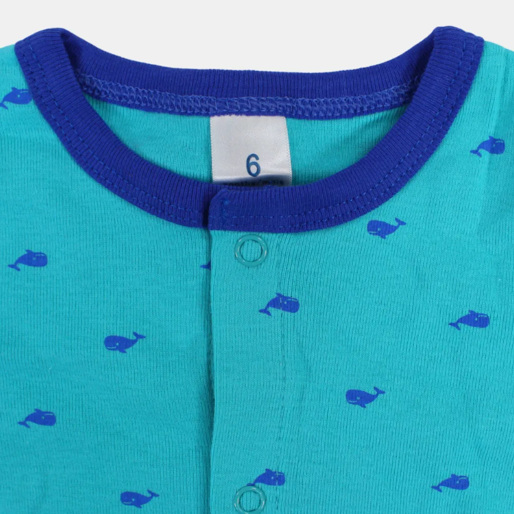 Baby Boys Cotton Romper – Turquoise with Whale Print