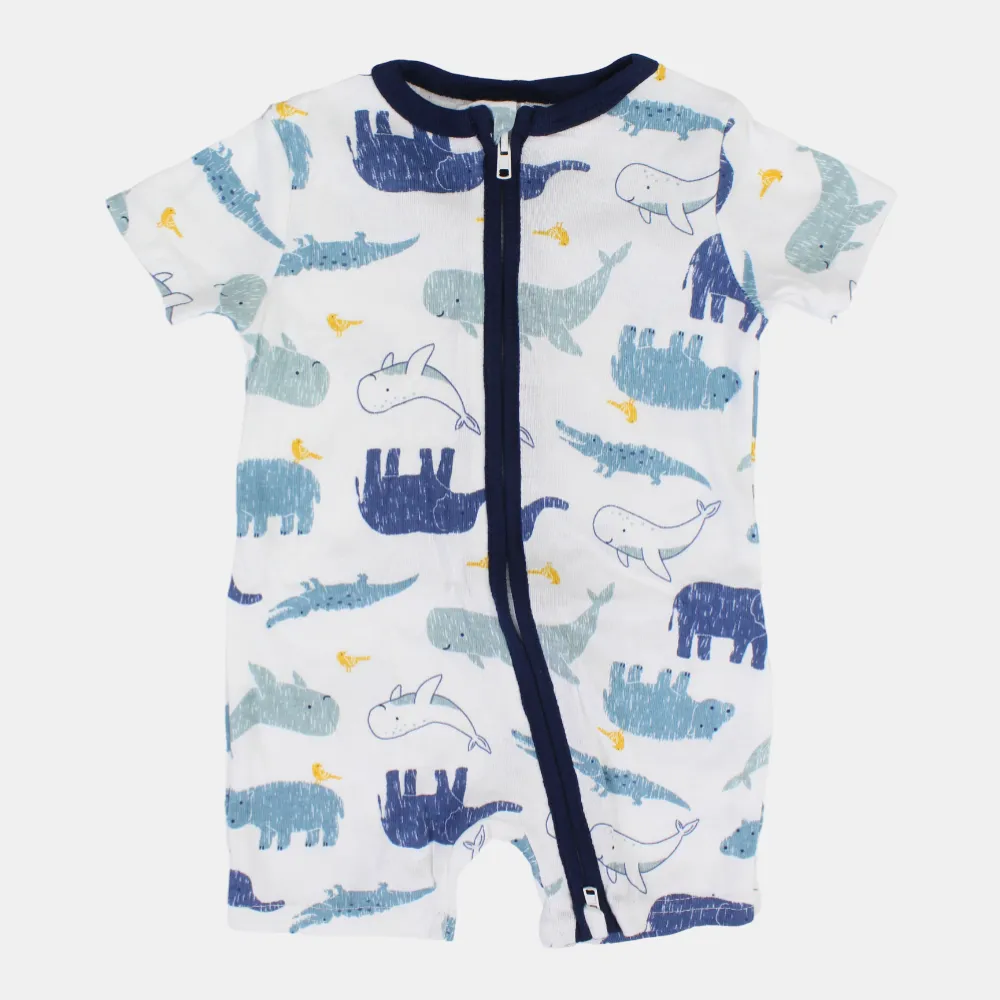 Baby Boys Cotton Romper – White with Animal Print and Zipper Detail