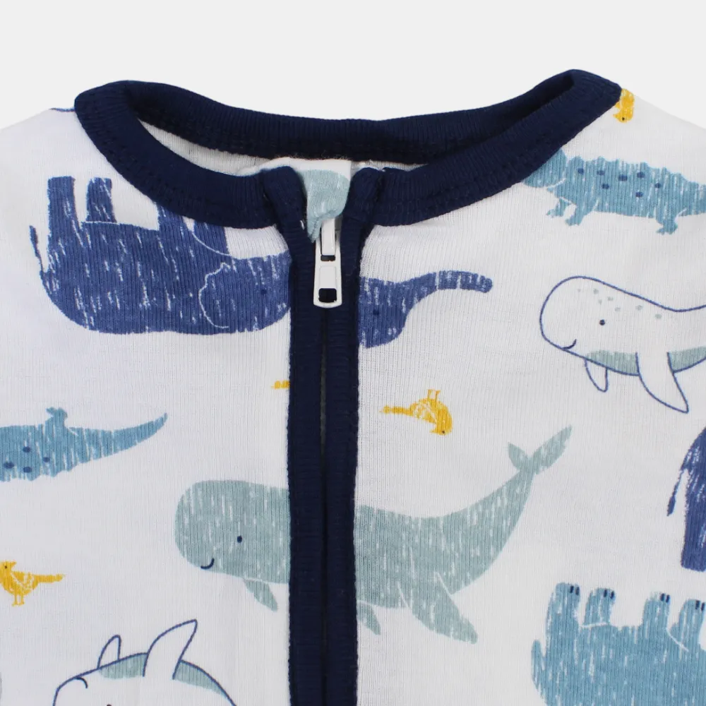 Baby Boys Cotton Romper – White with Animal Print and Zipper Detail
