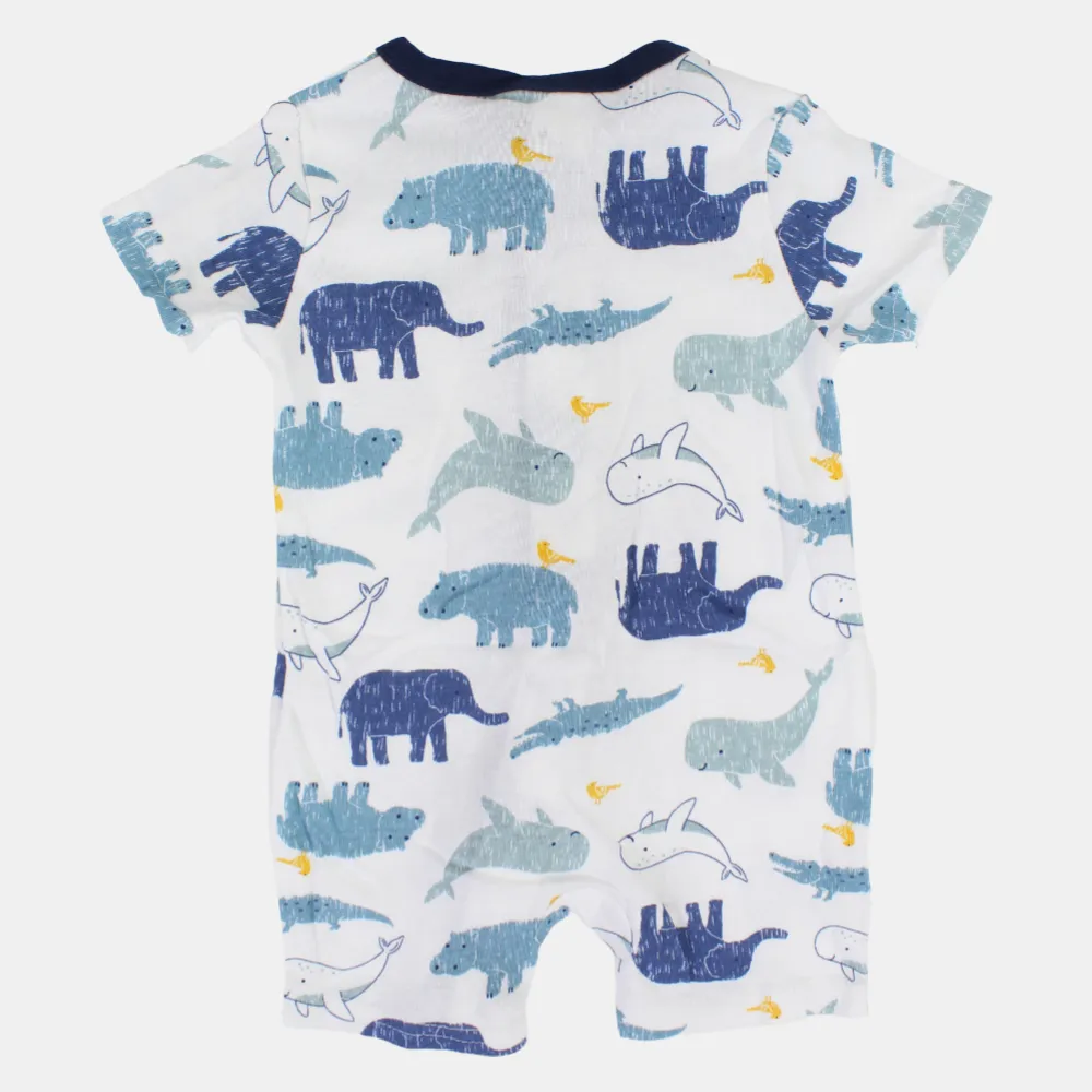 Baby Boys Cotton Romper – White with Animal Print and Zipper Detail