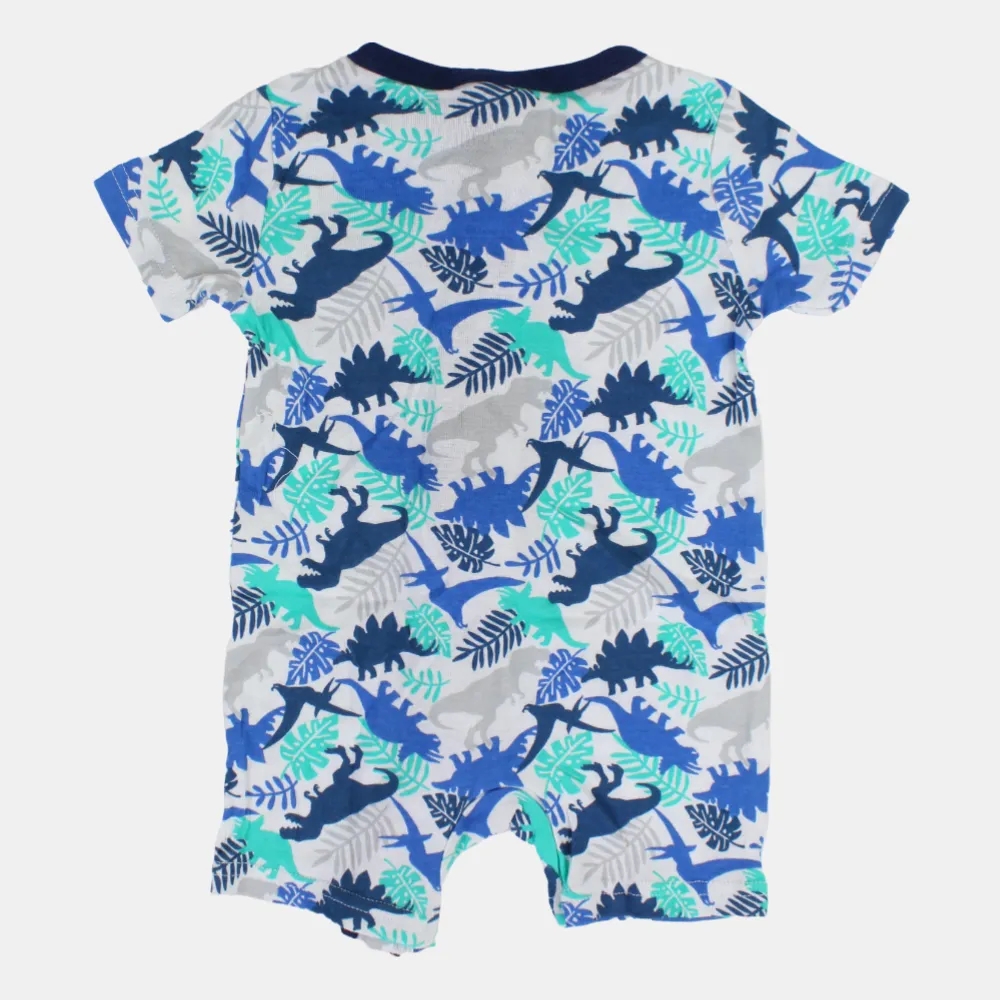 Baby Boys Cotton Romper – White with Dinosaur and Leaf Print and Zipper Detail
