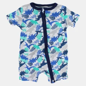 Baby Boys Cotton Romper – White with Dinosaur and Leaf Print and Zipper Detail