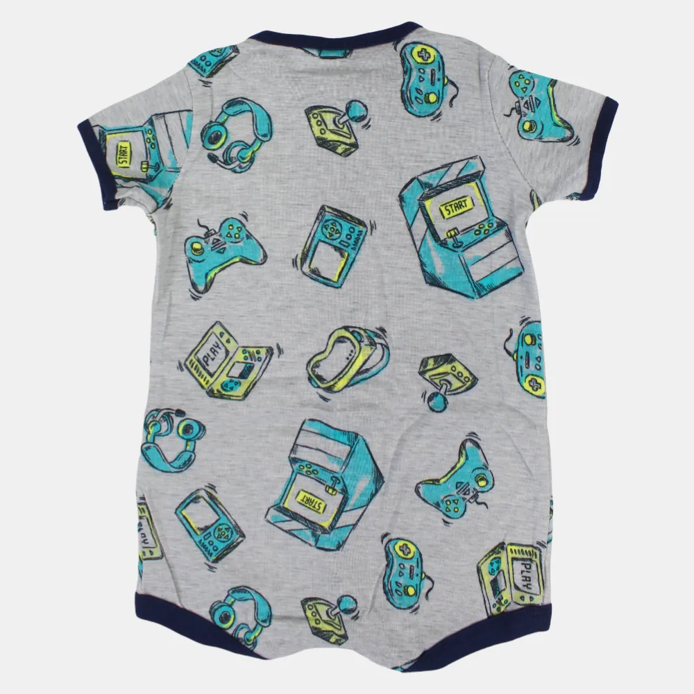 Baby Boys Cotton Romper – White with Video Games Print