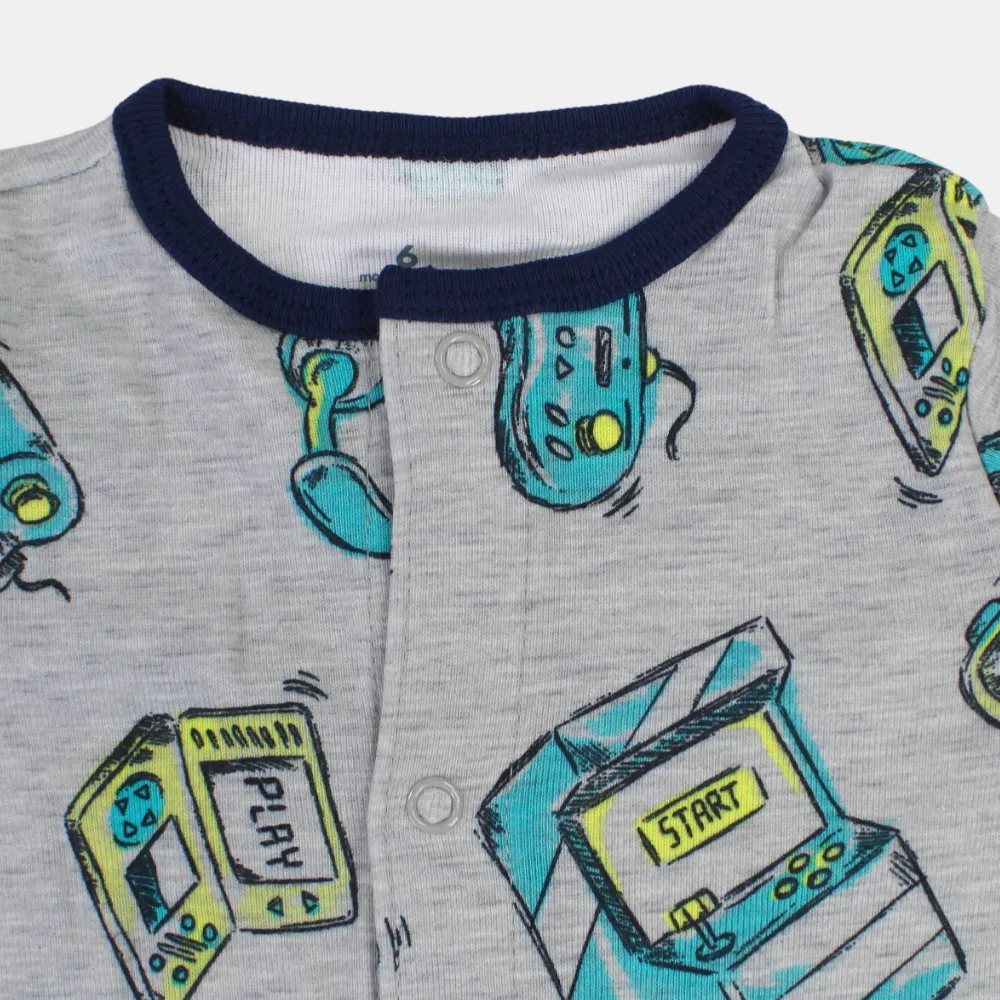 Baby Boys Cotton Romper – White with Video Games Print
