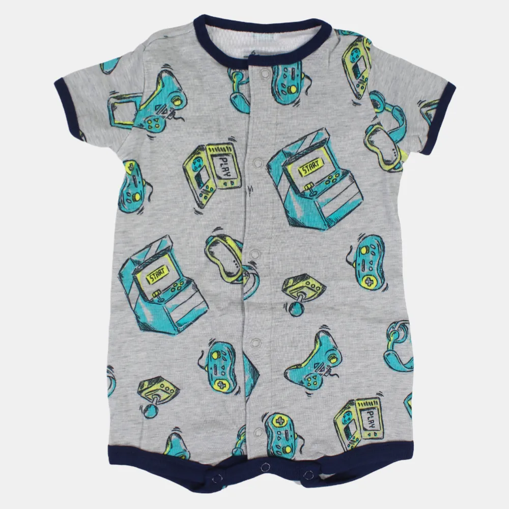 Baby Boys Cotton Romper – White with Video Games Print