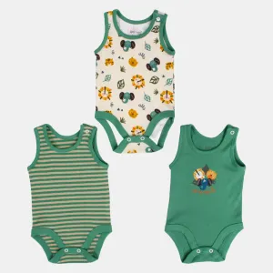 Baby Boys Cotton Underwear Bodysuit – Greenish with Animal Prints (Pack of 3)