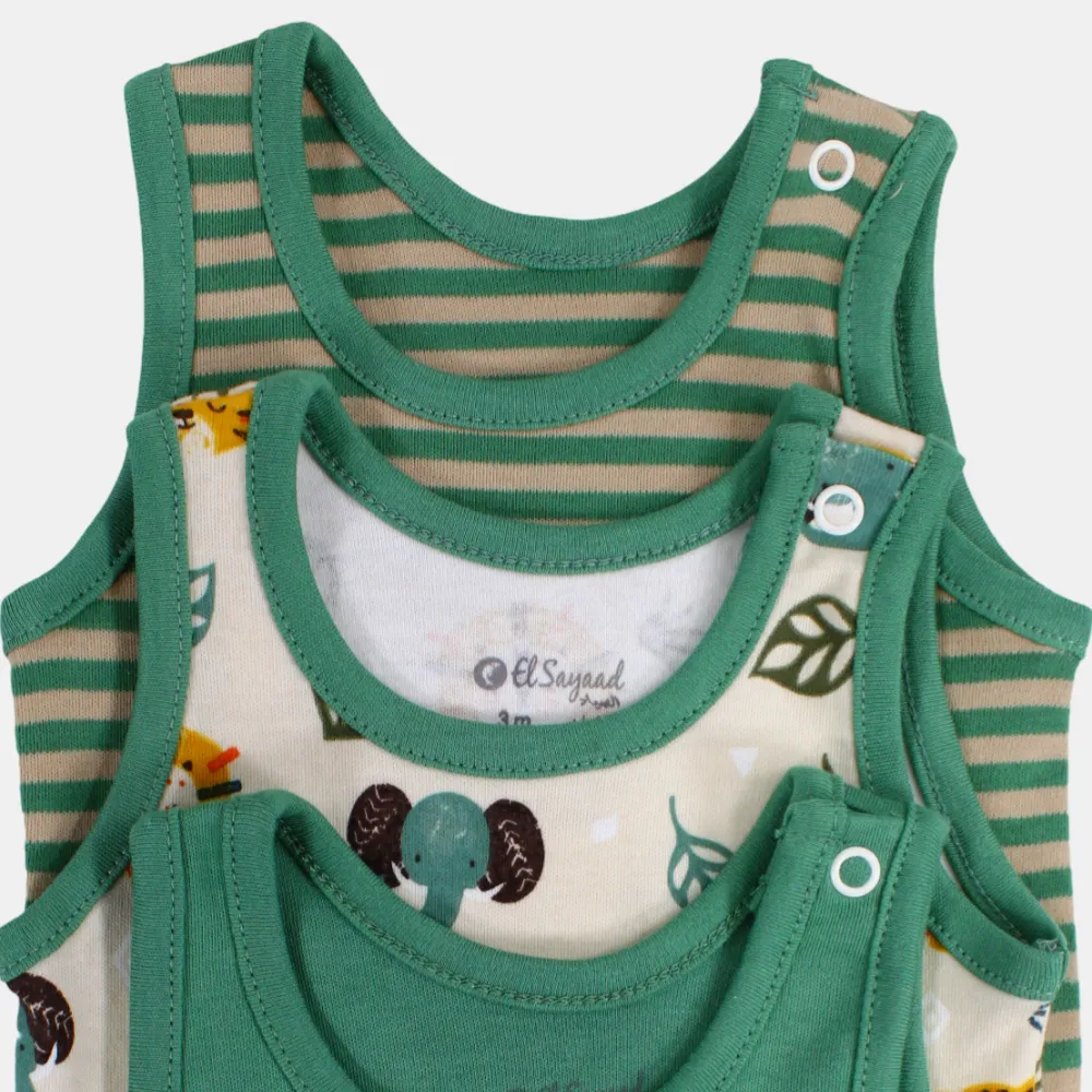 Baby Boys Cotton Underwear Bodysuit – Greenish with Animal Prints (Pack of 3)