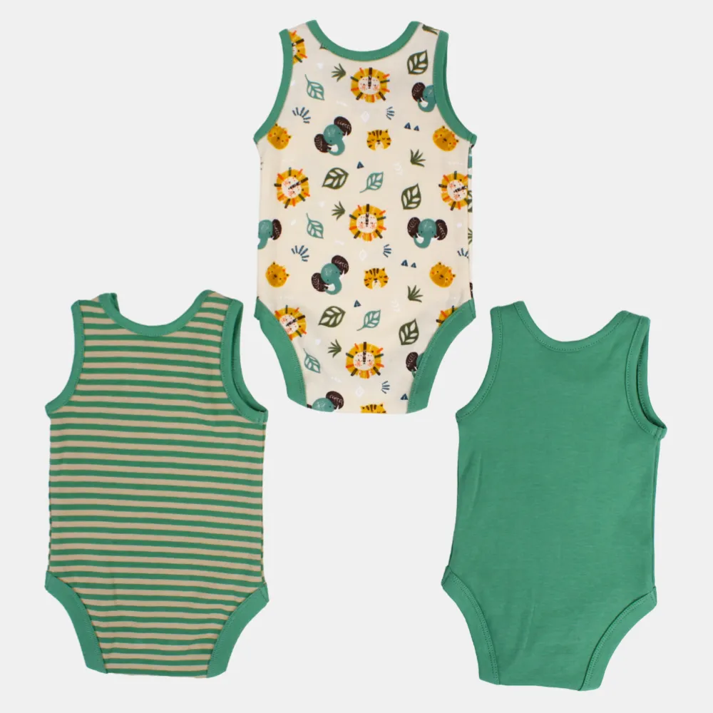 Baby Boys Cotton Underwear Bodysuit – Greenish with Animal Prints (Pack of 3)