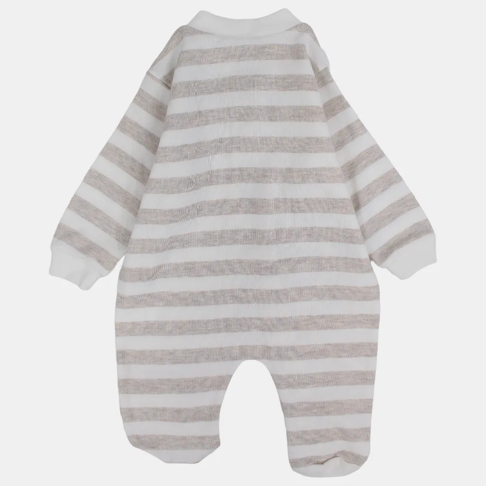 Baby Boys Long-Sleeved Baby Footie – Beige & Off-White Bear Print