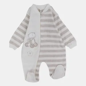 Baby Boys Long-Sleeved Baby Footie – Beige & Off-White Bear Print