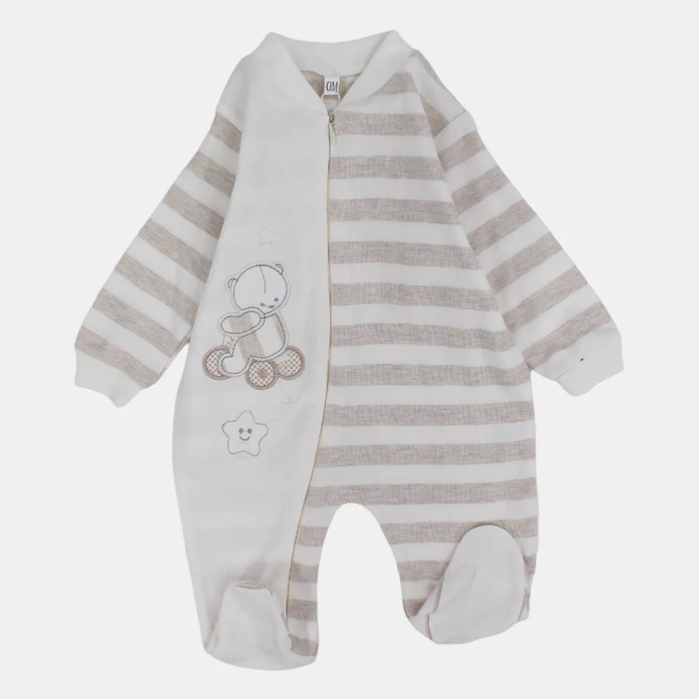 Baby Boys Long-Sleeved Baby Footie – Beige & Off-White Bear Print