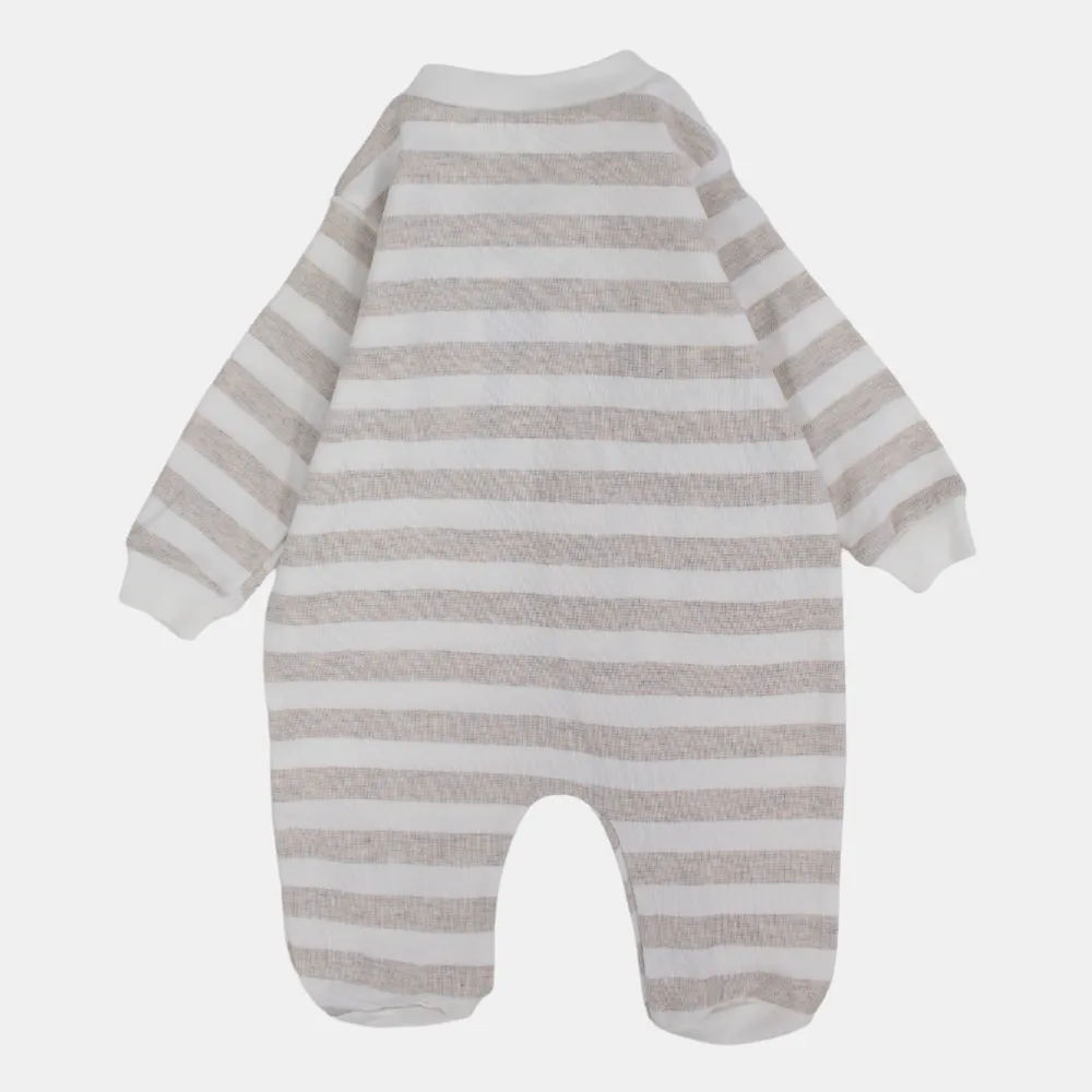 Baby Boys Long-Sleeved Baby Footie – Beige & Off-White Elephant Print