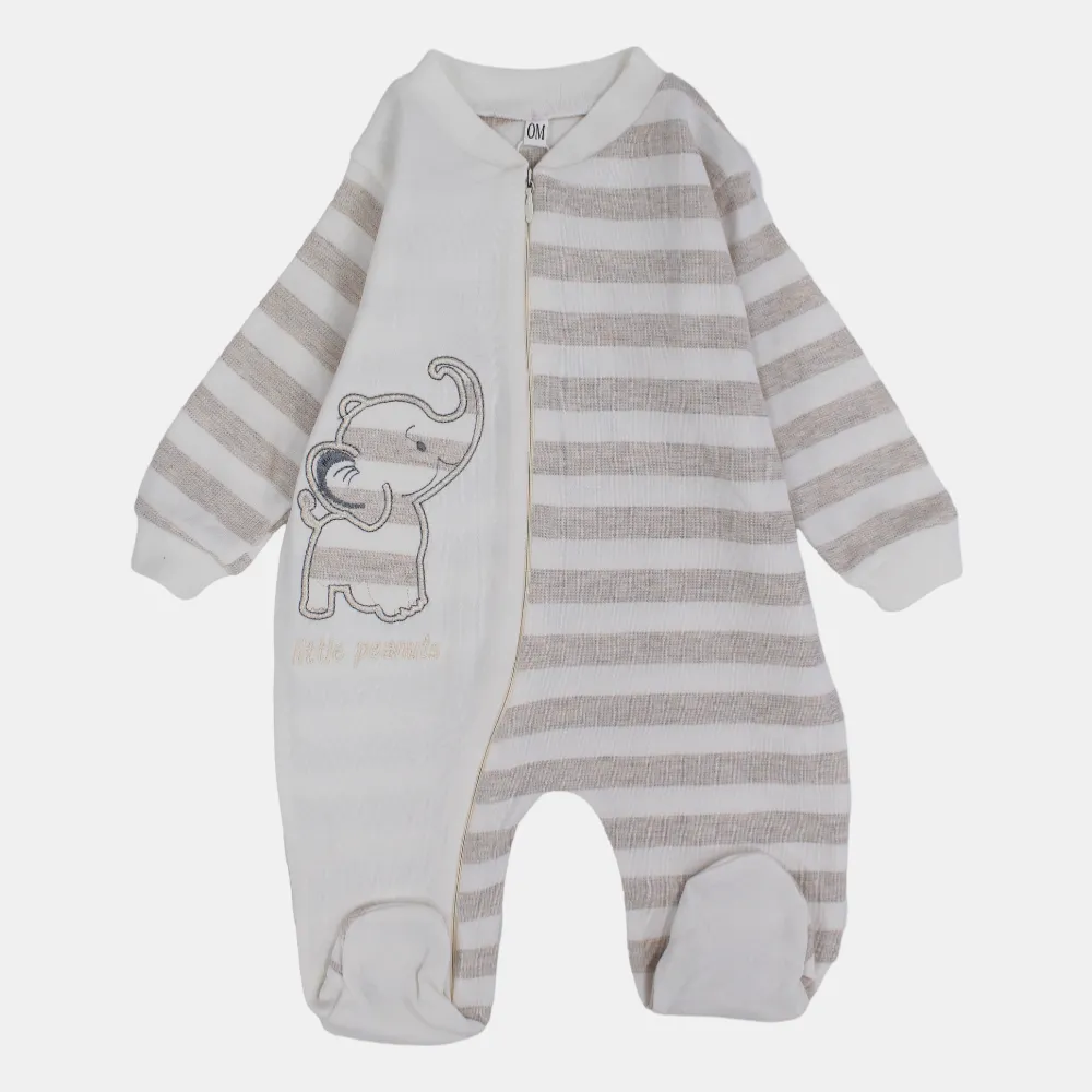 Baby Boys Long-Sleeved Baby Footie – Beige & Off-White Elephant Print