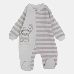 Baby Boys Long-Sleeved Baby Footie – Beige & Off-White Elephant Print