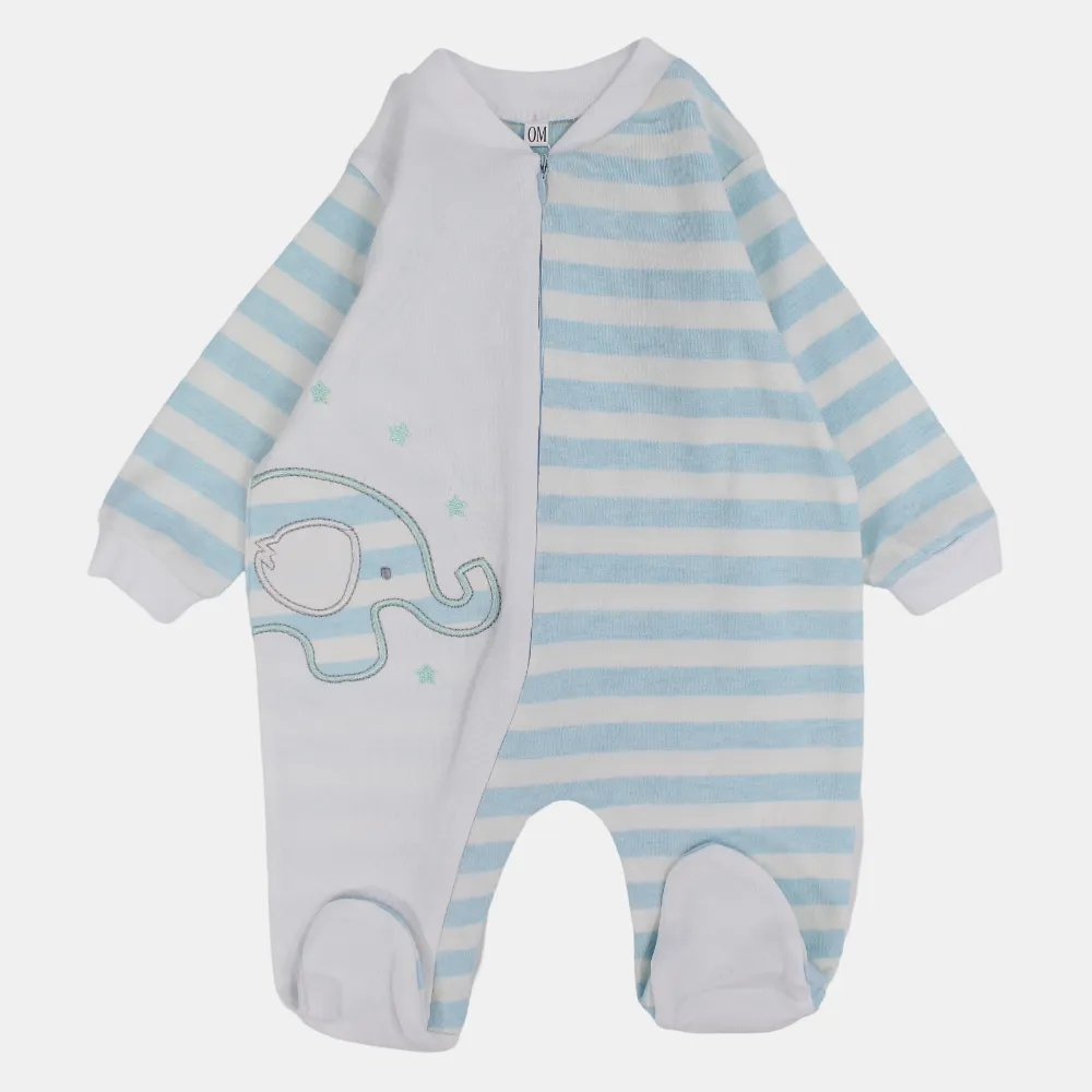 Baby Boys Long-Sleeved Baby Footie – Light Blue & White Elephant Print