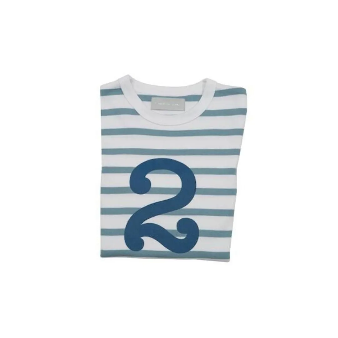 Bob & Blossom: Ocean Blue & White Breton Striped Blue Number 2 T-Shirt