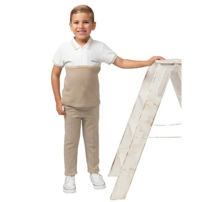 Boys Beige Polo Zip  Set