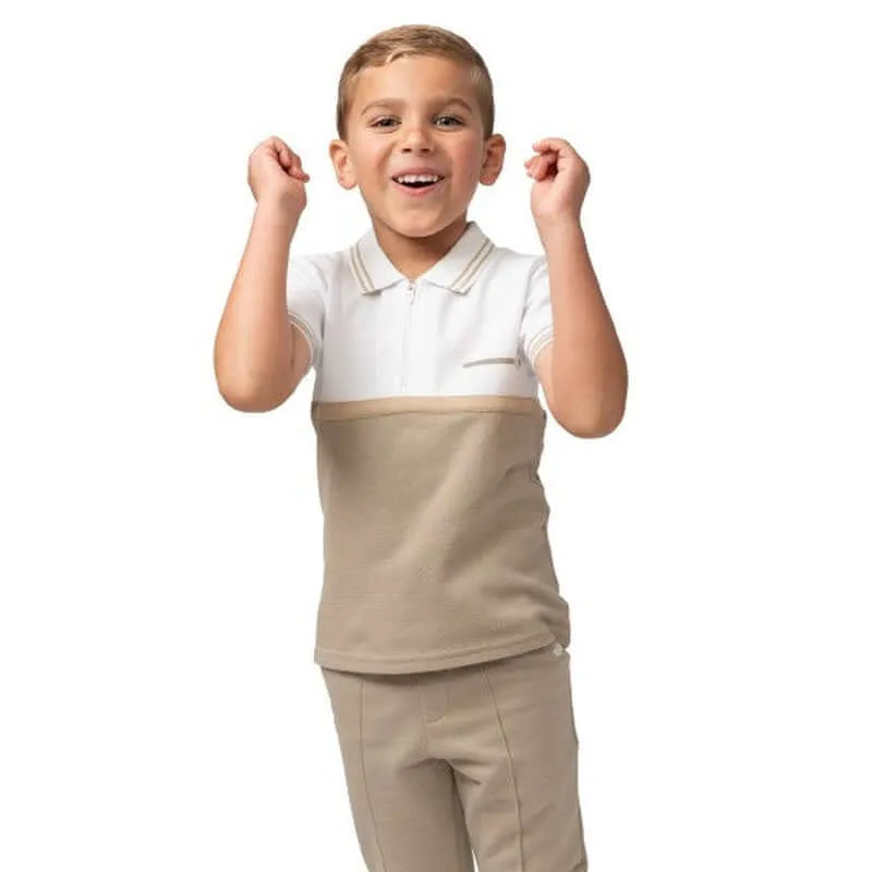 Boys Beige Polo Zip  Set