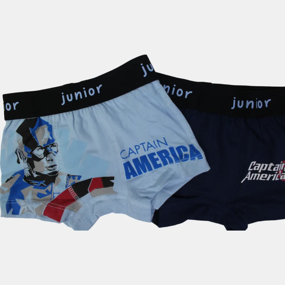 Boys' Cotton Boxer Shorts – Navy & Light Blue (Pack of 2, Captain America Design)