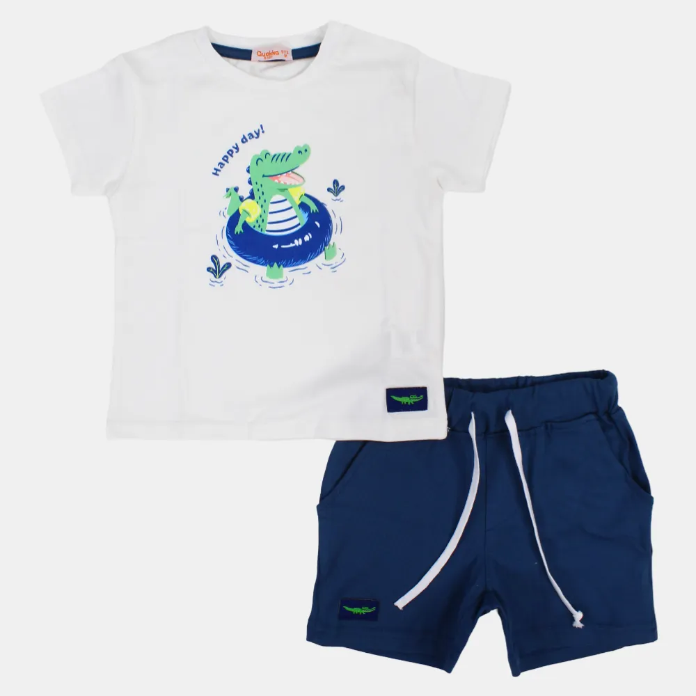 Boys Short-Sleeved 2-Piece Cotton Outfit Set – Happy Crocodile Design