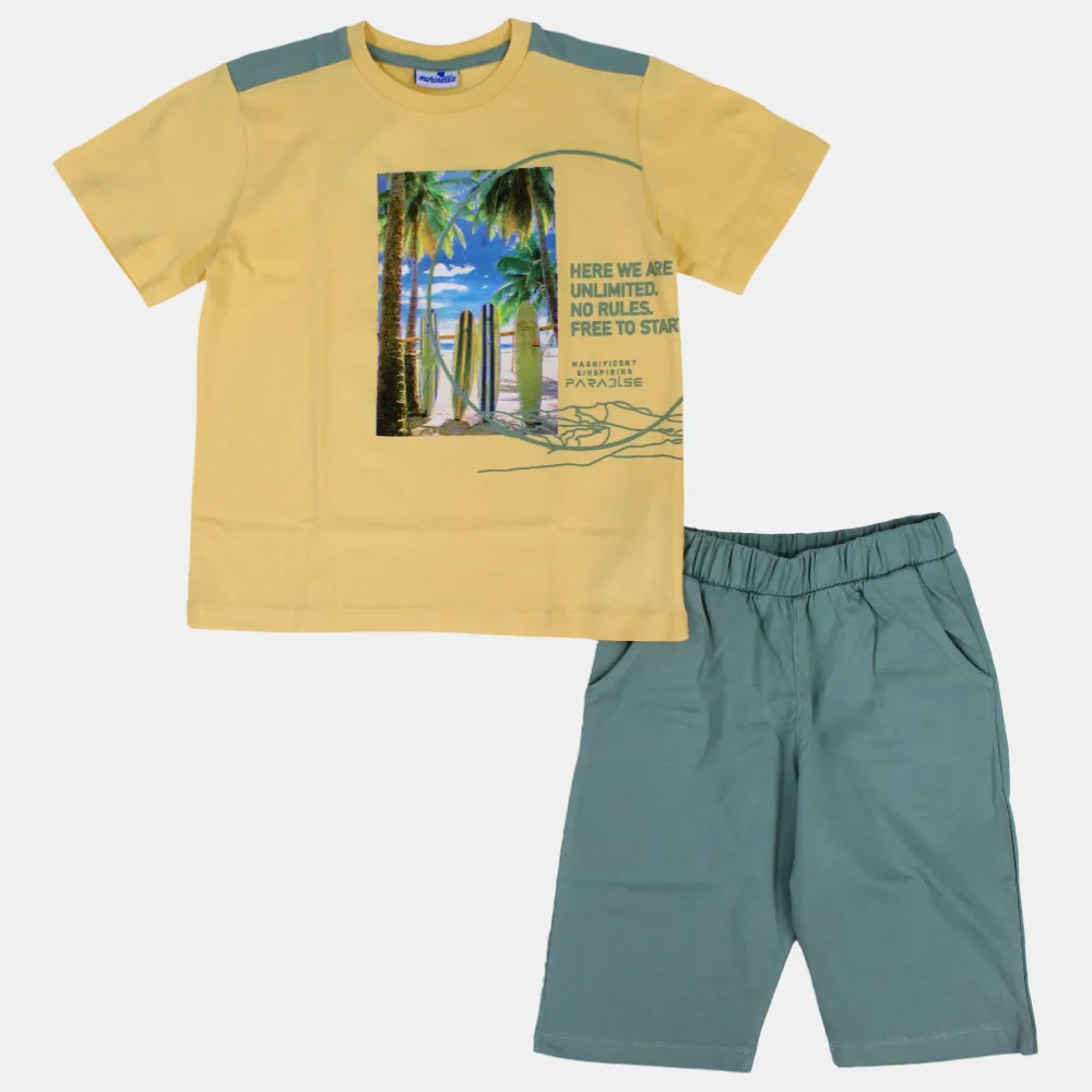 Boys Short-Sleeved Cotton Pajama Set- Surfing Print
