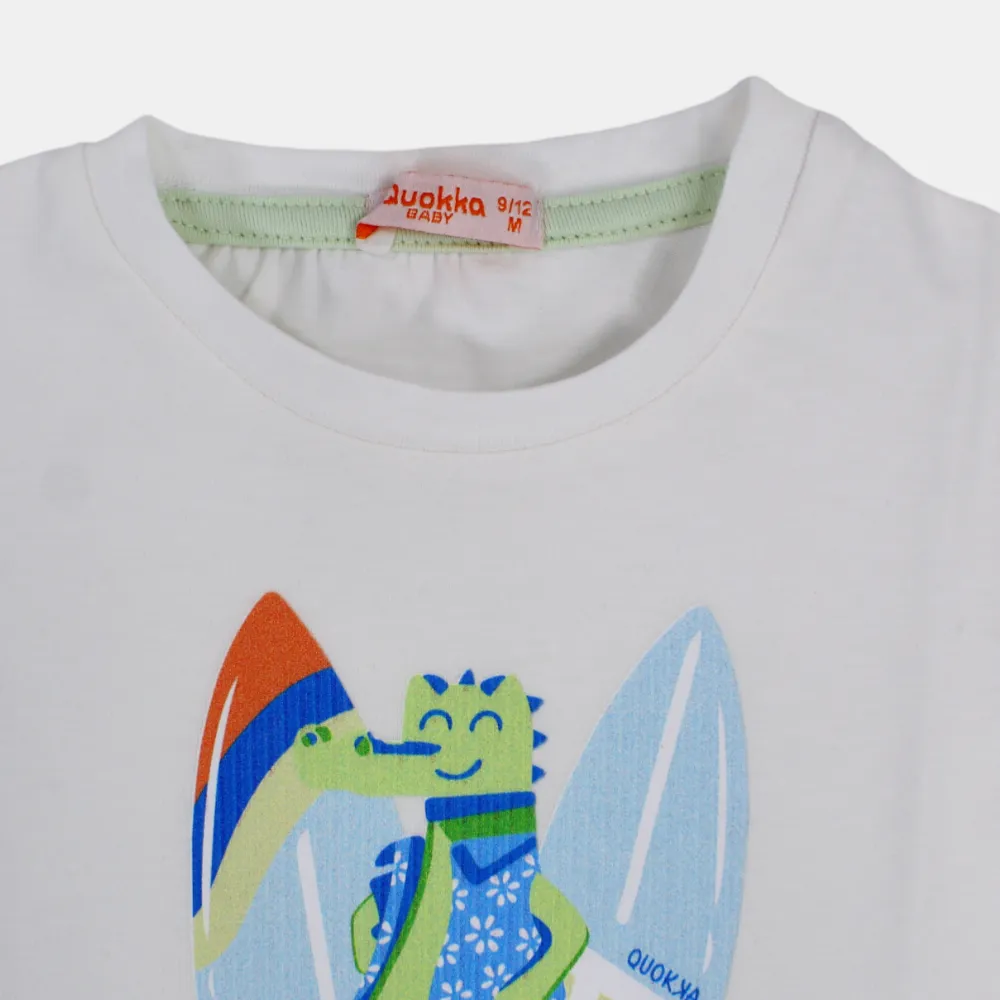 Boys Short-Sleeved Cotton T-Shirt with Happy Crocodile Print