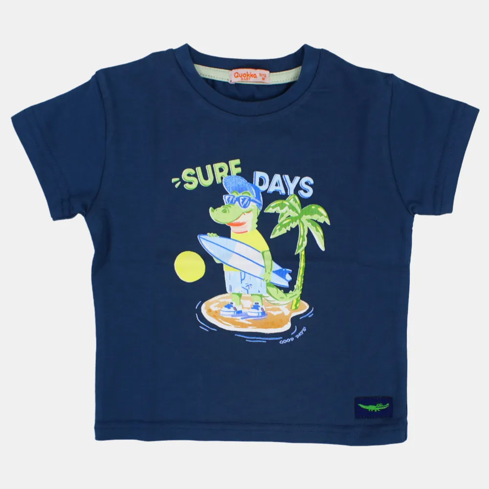 Boys Short-Sleeved Cotton T-Shirt with Surfing Crocodile Print