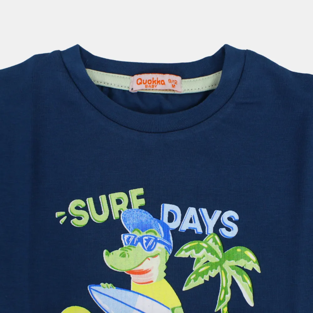 Boys Short-Sleeved Cotton T-Shirt with Surfing Crocodile Print