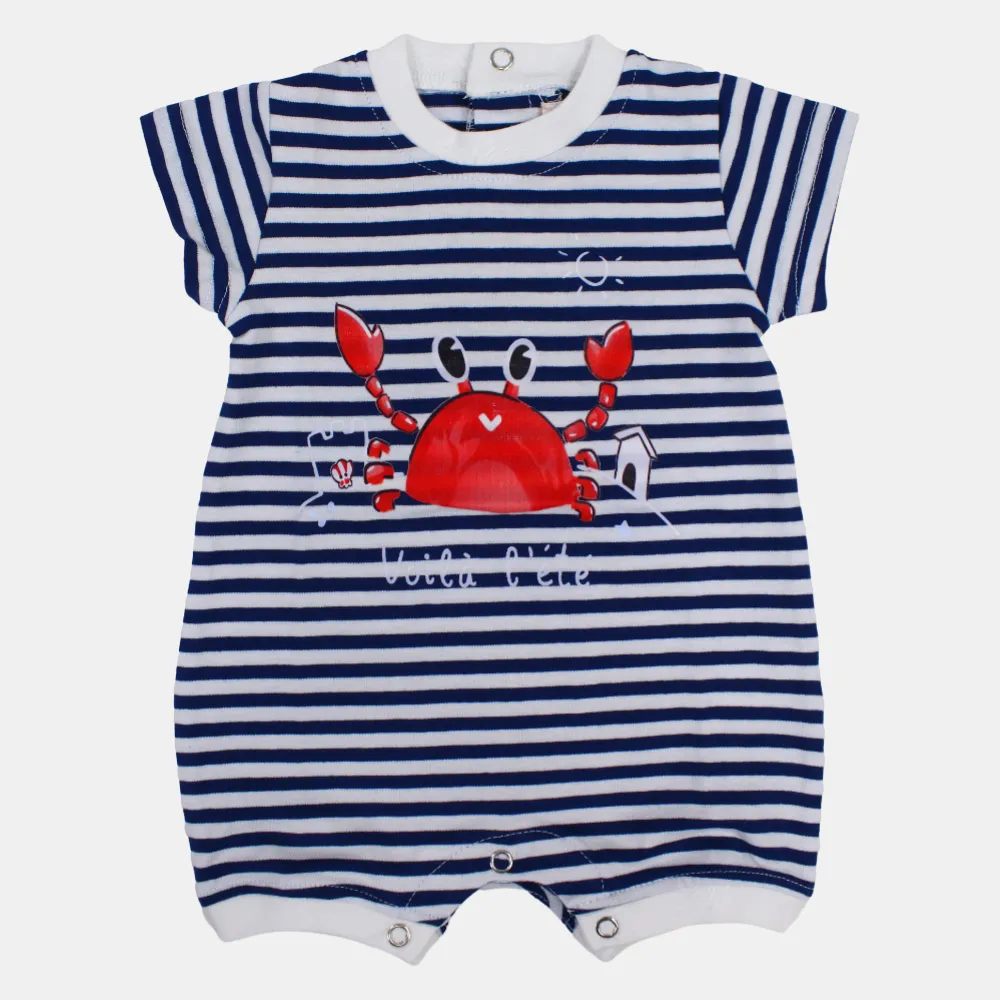 Boys Striped Short-Sleeved Cotton Romper with Crab Print
