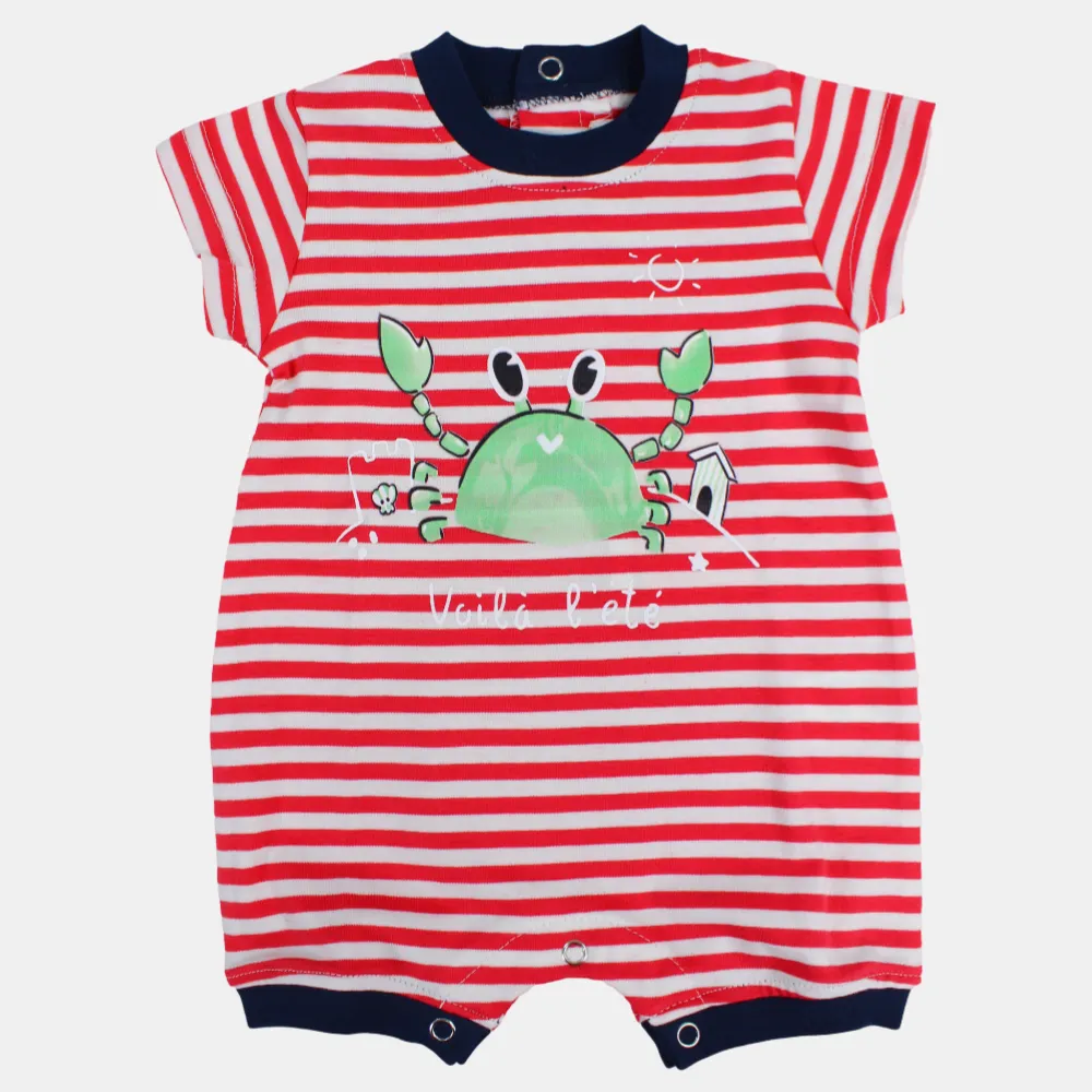 Boys Striped Short-Sleeved Cotton Romper with Crab Print