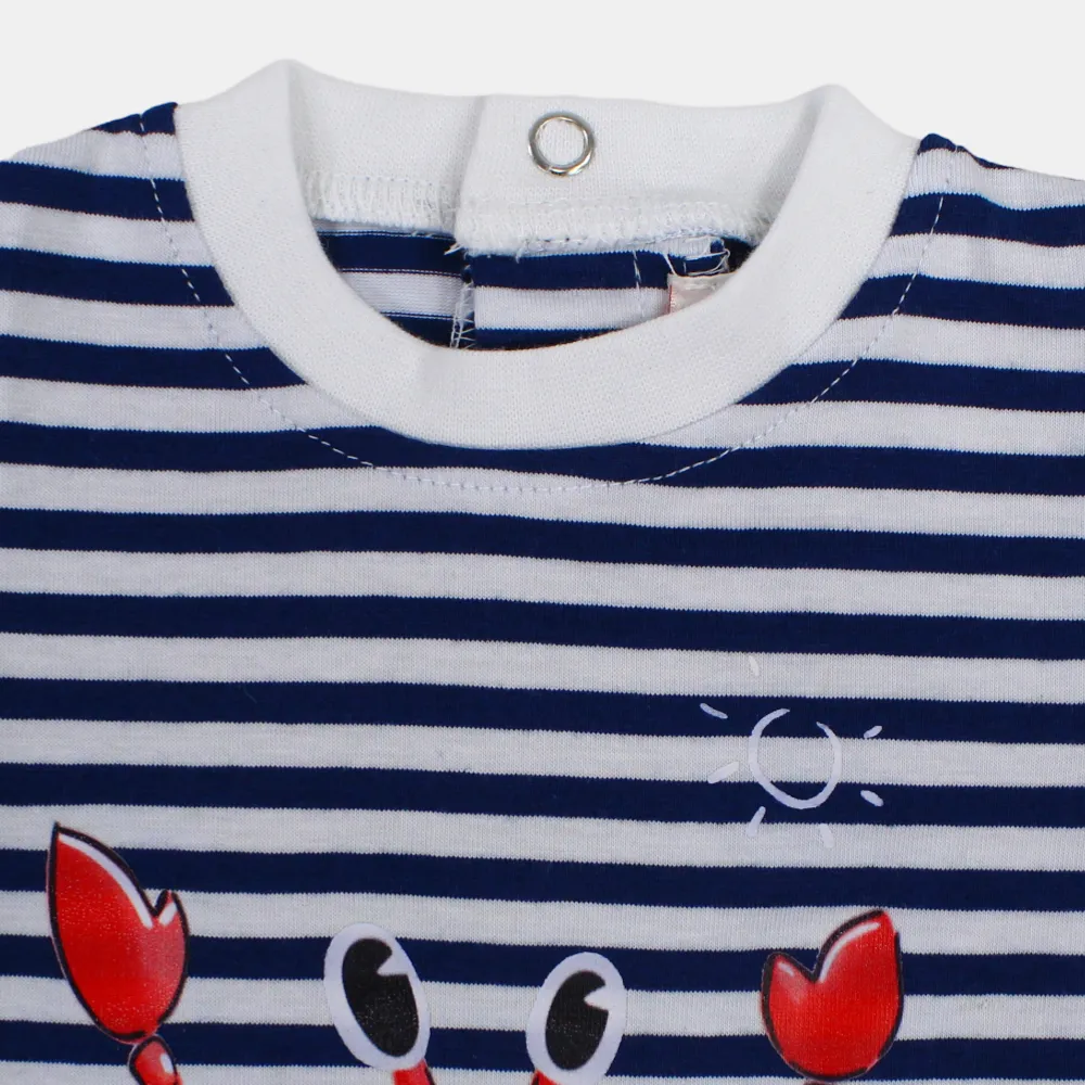 Boys Striped Short-Sleeved Cotton Romper with Crab Print