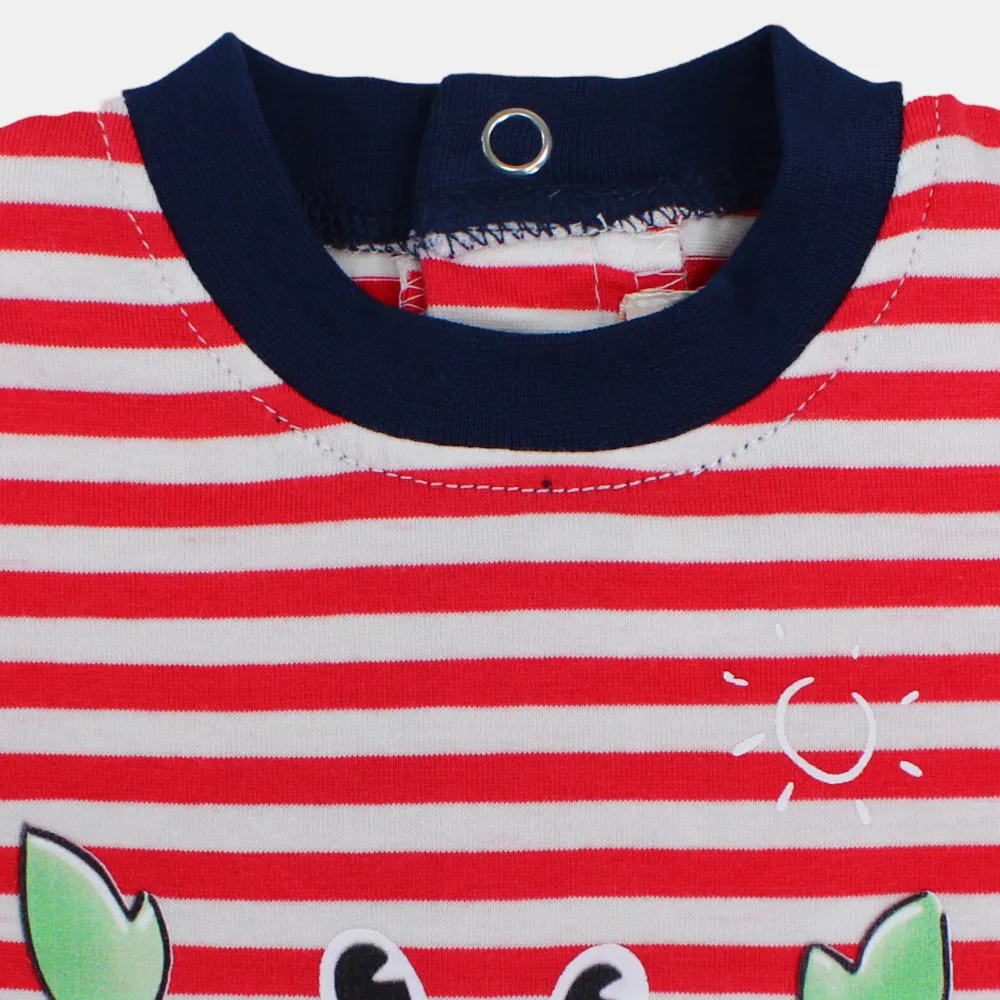 Boys Striped Short-Sleeved Cotton Romper with Crab Print