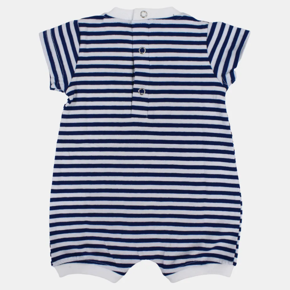 Boys Striped Short-Sleeved Cotton Romper with Crab Print