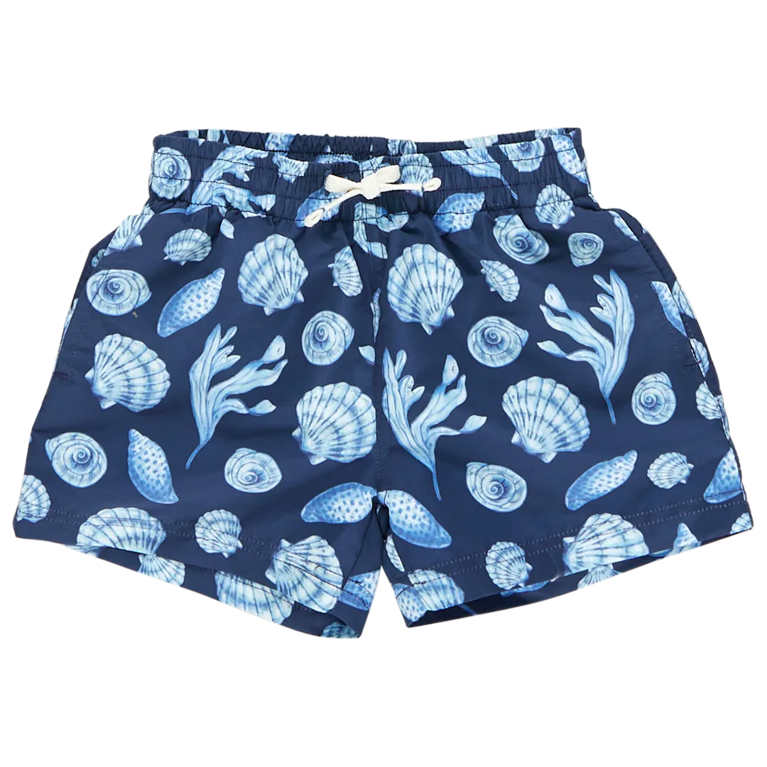 Boys Swim Trunk - Blue Sea Shells by Pink Chicken FINAL SALE