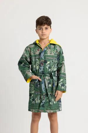 Boys' Waterproof Swim Robe – Green T-Rex Dinosaur Design
