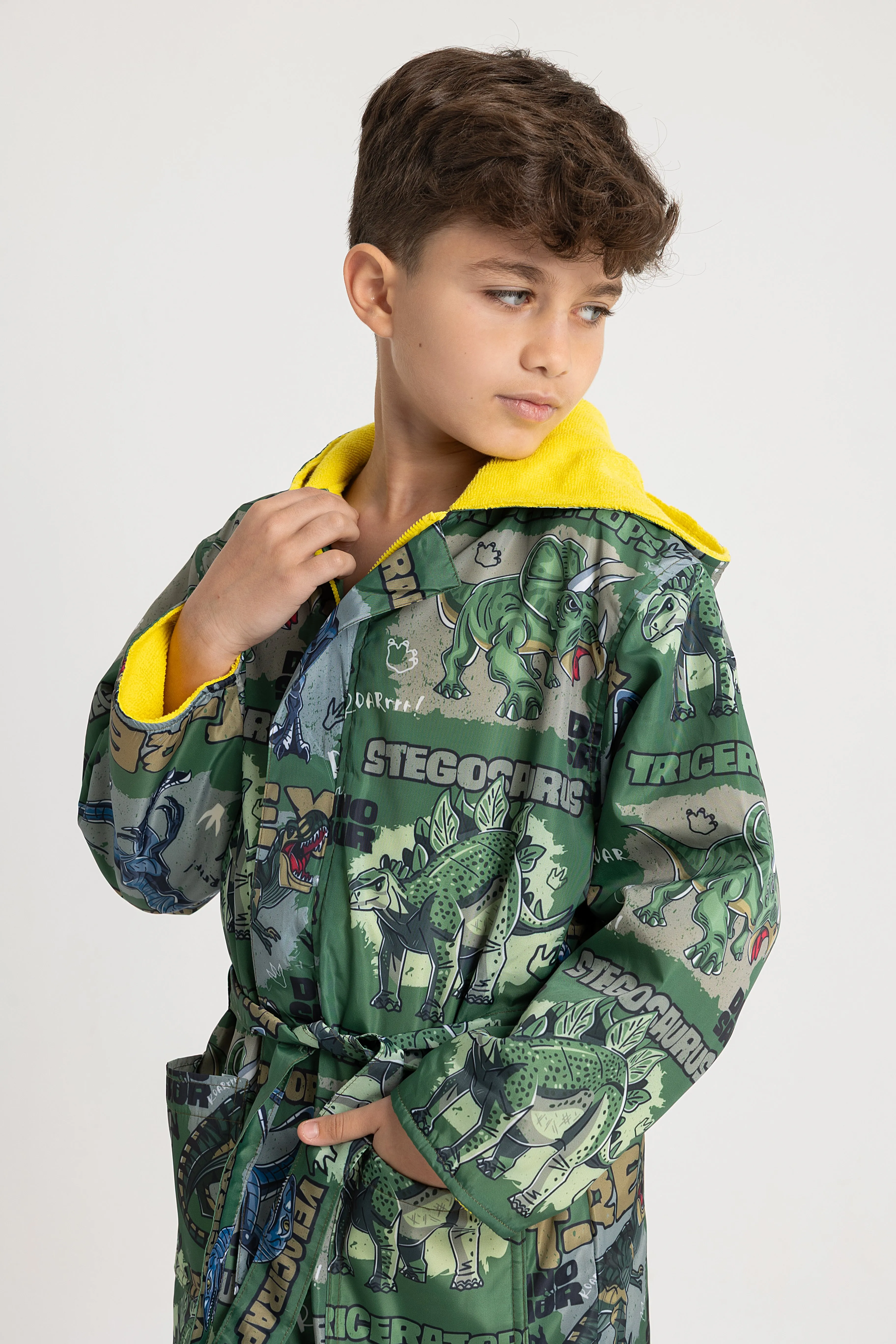 Boys' Waterproof Swim Robe – Green T-Rex Dinosaur Design