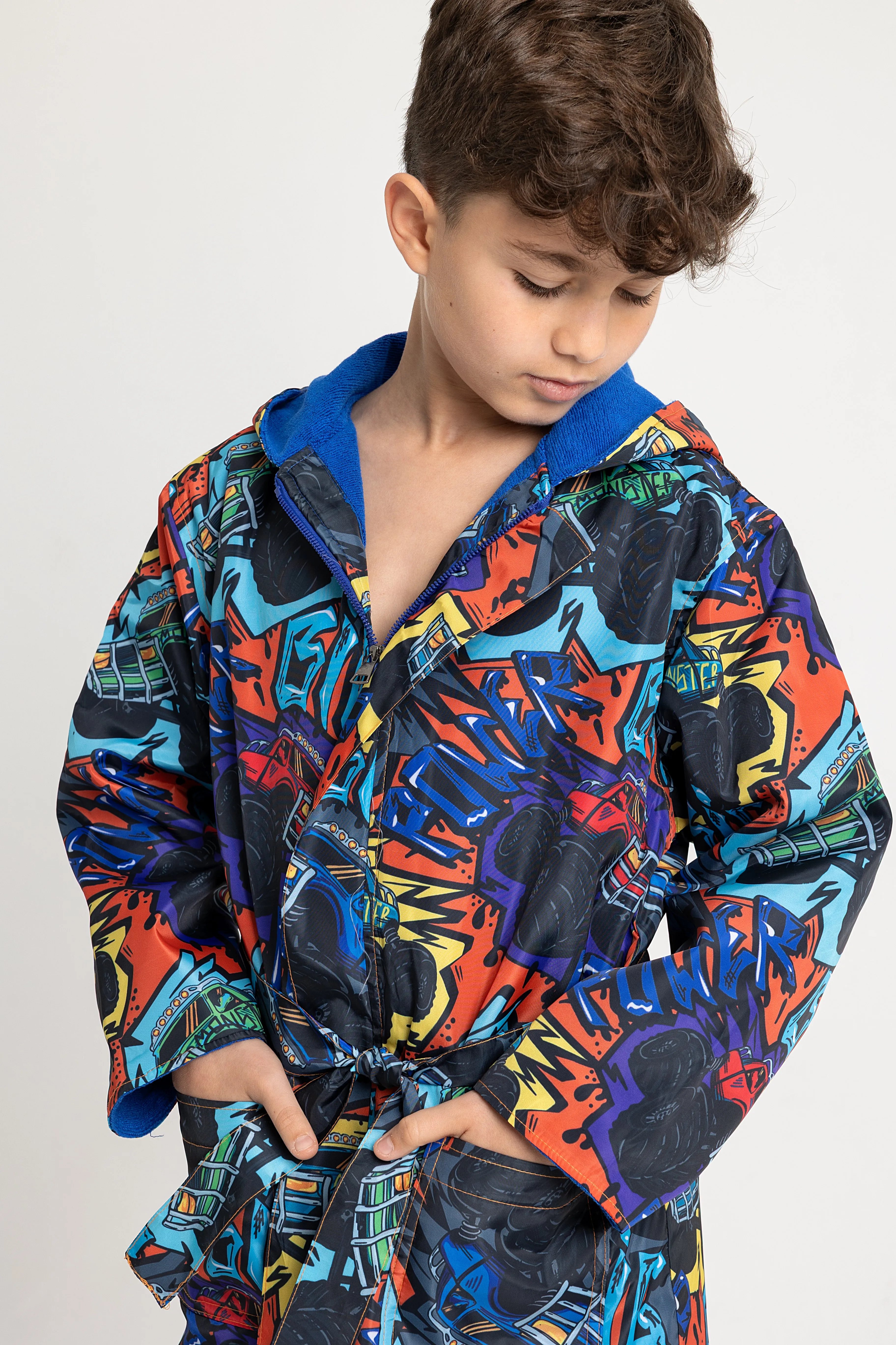 Boys' Waterproof Swim Robe – "Monster Truck" Design