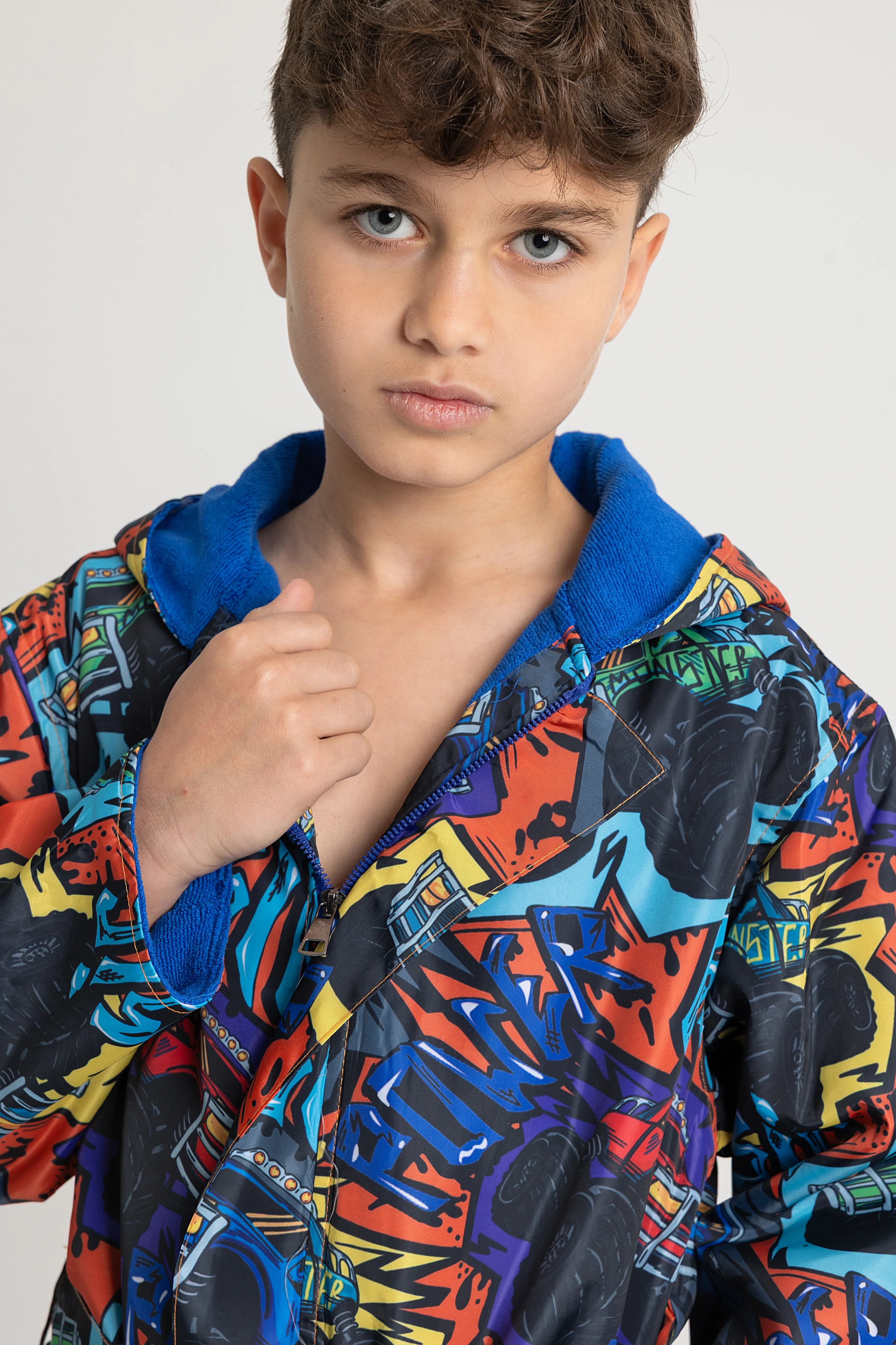 Boys' Waterproof Swim Robe – "Monster Truck" Design