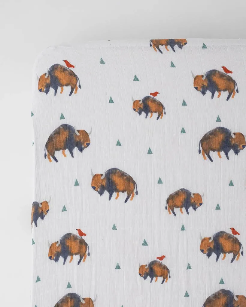 Cotton Muslin Fitted Crib Sheet - Bison by Little Unicorn
