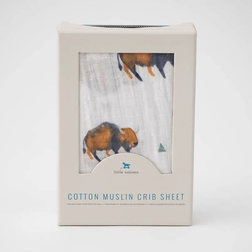 Cotton Muslin Fitted Crib Sheet - Bison by Little Unicorn