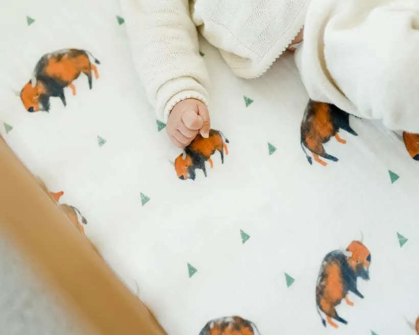 Cotton Muslin Fitted Crib Sheet - Bison by Little Unicorn