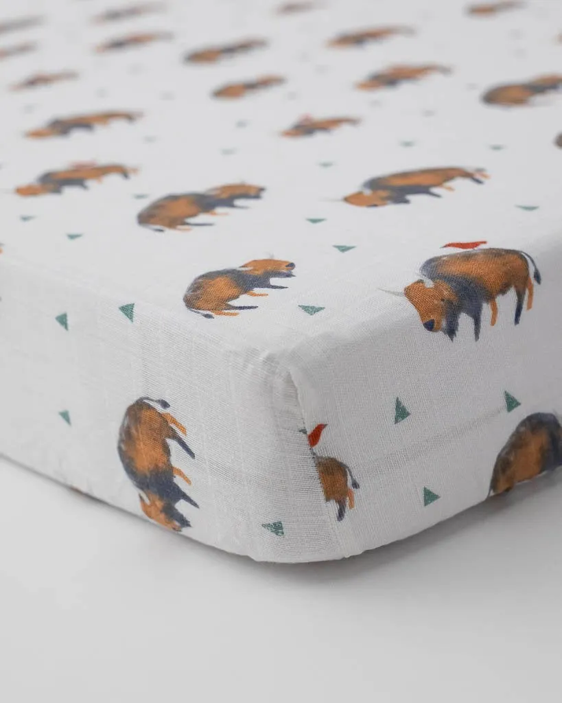 Cotton Muslin Fitted Crib Sheet - Bison by Little Unicorn