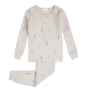 FIRSTS Cotton Flower Print on Creme Ribbed PJ Set
