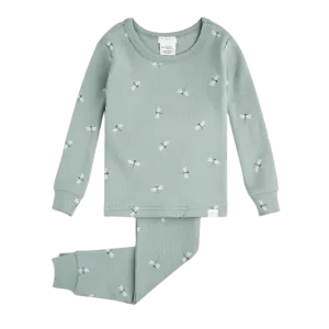 FIRSTS Dragonflies Print on Ribbed Silver Blue Infant PJ Set