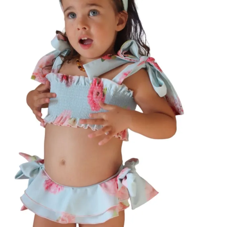 Girls Aqua Flower Print Bikini