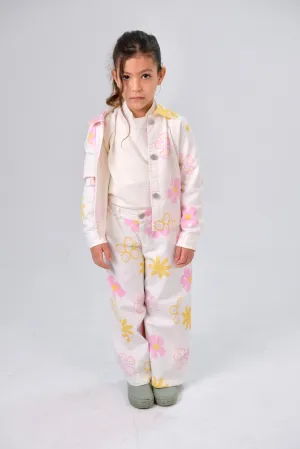 Girls Printed Gabardine Pants – Offwhite with Flowers