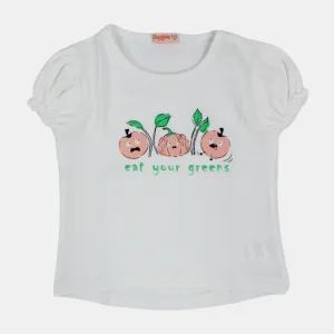 Girls Short-Sleeved Cotton T-Shirt with "Eat Your Greens" Print