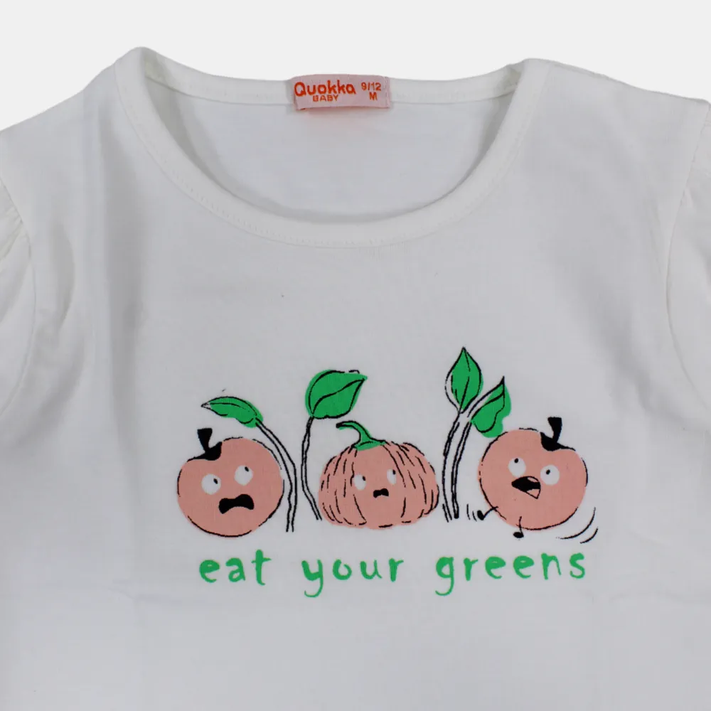 Girls Short-Sleeved Cotton T-Shirt with "Eat Your Greens" Print