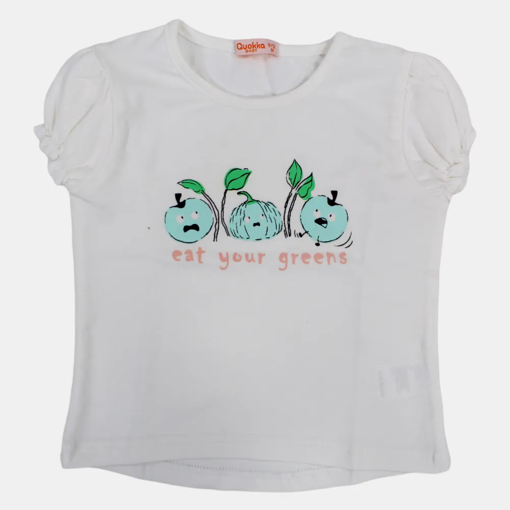 Girls Short-Sleeved Cotton T-Shirt with "Eat Your Greens" Print