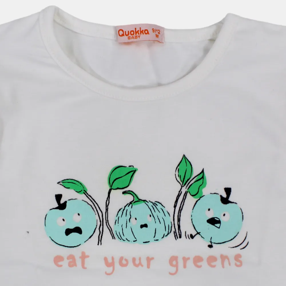 Girls Short-Sleeved Cotton T-Shirt with "Eat Your Greens" Print